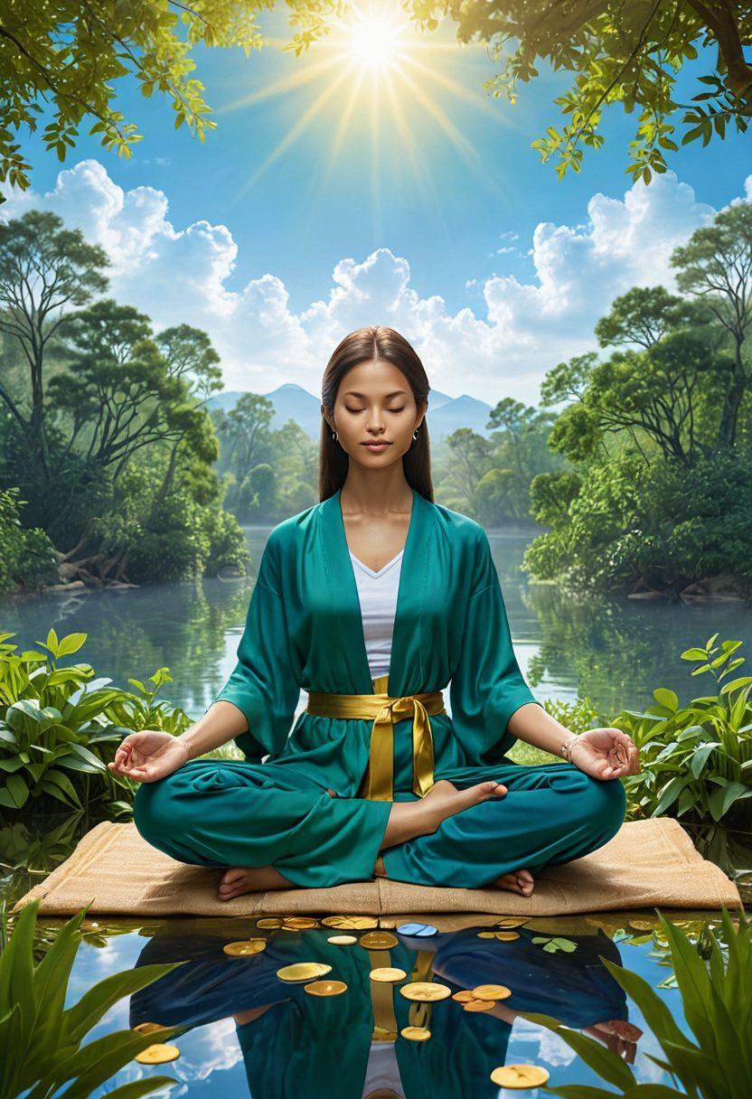 A serene person meditating amidst a backdrop of floating financial symbols like credit cards, coins, and locks, representing credit management and identity security. Surrounding them, a lush green landscape symbolizes financial wellness and peace of mind. The color scheme should be calming blues and greens with hints of gold for prosperity. Include subtle rays of light illuminating the scene to convey enlightenment on financial topics. super-realistic. vibrant colors. 3D.