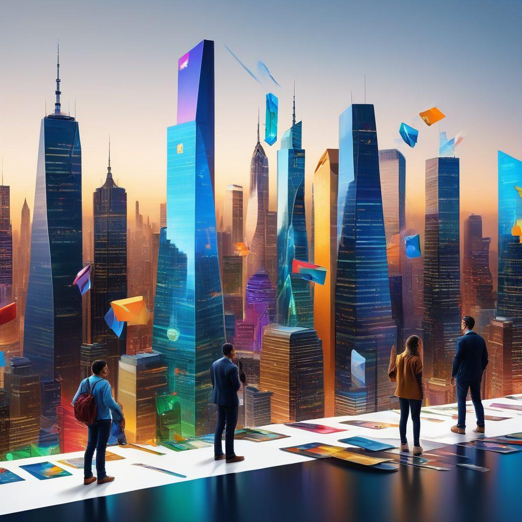 A visually striking illustration that combines elements of credit cards, secured locks, and a vibrant city skyline symbolizing a secure financial future. Incorporate a gradient of colors to represent growth, with arrows pointing upward to symbolize progress. In the background, include diverse people engaging with technology and financial tools, showcasing inclusivity in financial literacy. The overall mood should be hopeful and empowering. super-realistic. vibrant colors. white background.