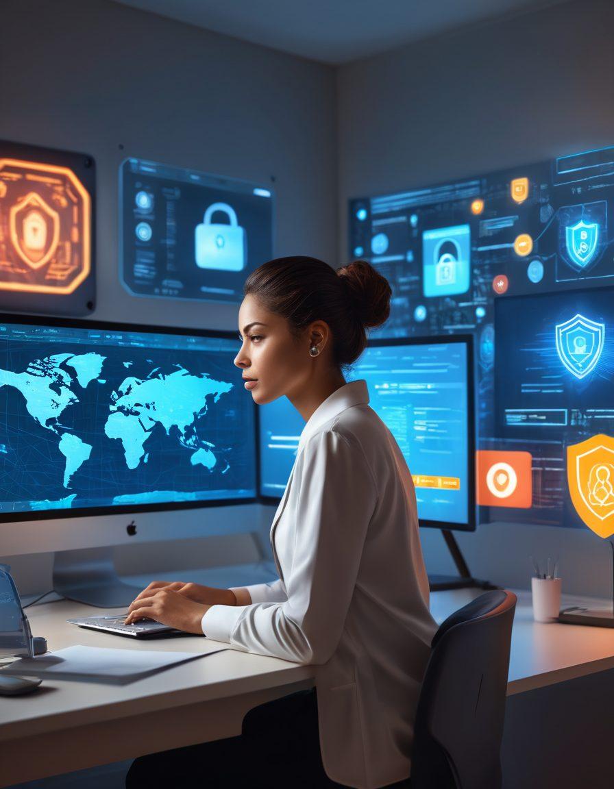 A serene person sitting at a desk, surrounded by digital icons representing cybersecurity (like locks, shields, and alarms), while confidently reviewing documents. In the background, there’s a soft glow emanating from a computer screen displaying security alerts. The atmosphere conveys tranquility and safety, highlighting the importance of identity protection. vibrant colors. super-realistic.